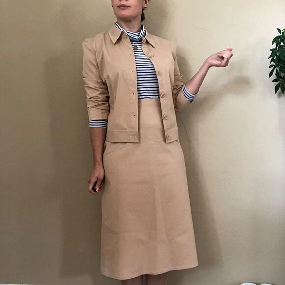 Strenesse Gabriele Strehle tan beige button jacket & midi skirt set Sz 10 cotton - Picture 1 of 13